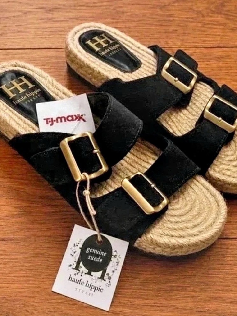 Genuine Suede Platform Buckle Sandals in Black & Beige NWT